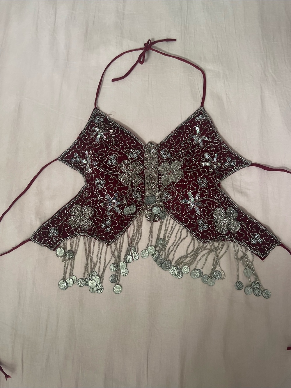 Beaded Maroon Butterfly Halter Top with Coin Fringe